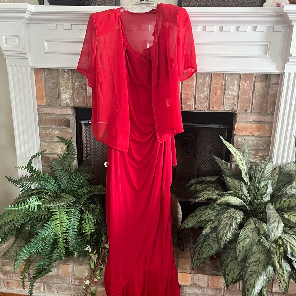 Elegant Red Evening Gown with Sheer Overlay